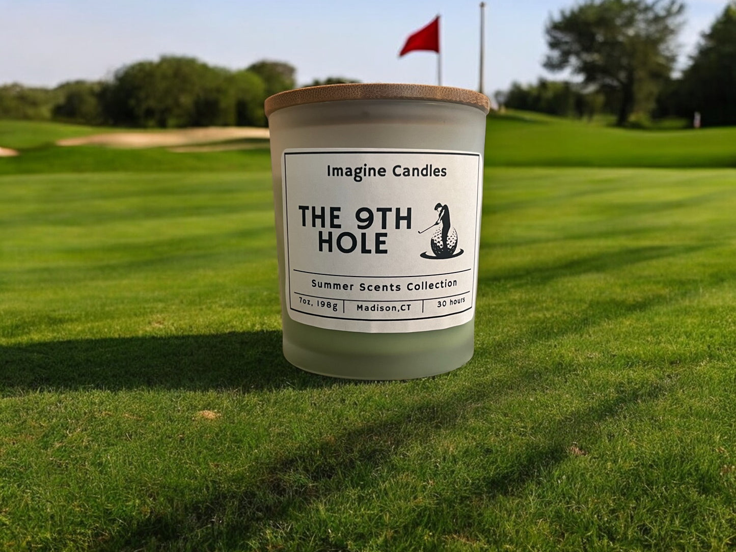 A candle sits on a putting green. Description: "Imagine the perfect summer morning. You’re halfway through your round when you stop to appreciate the tranquility of the game at The 9th Hole.
