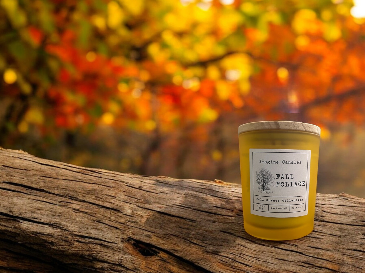 A Fall Foliage candle resting on a log surrounded by vibrant autumn leaves. The scene captures the essence of a crisp forest walk, inviting you to enjoy the rich, earthy scents of fall
