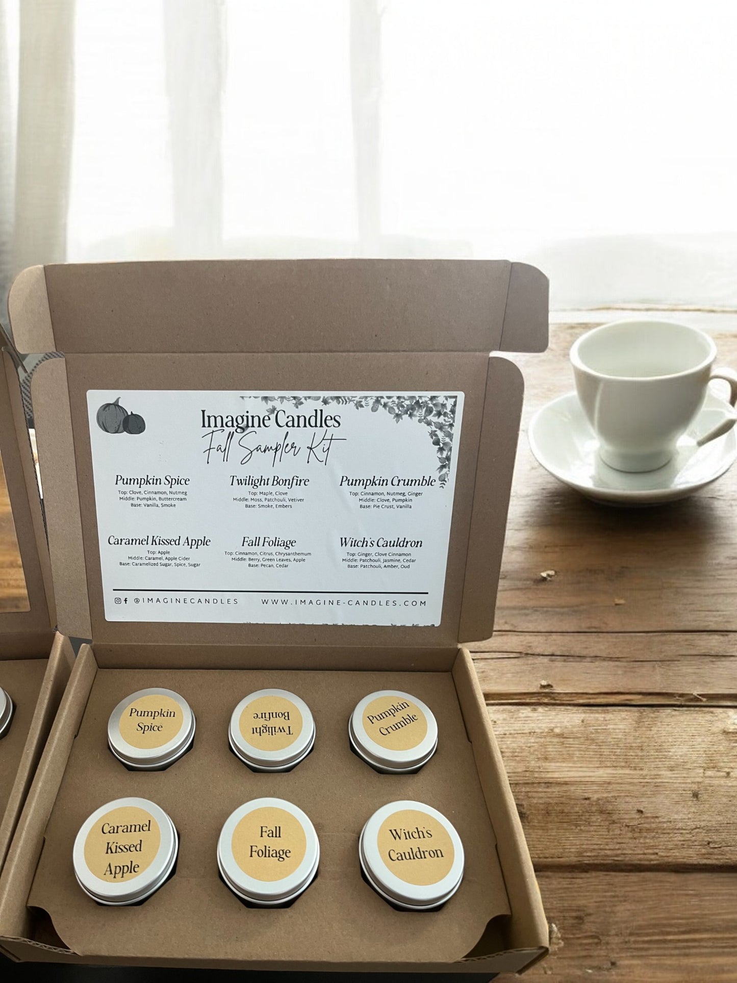 A Fall Candle Sampler Pack featuring six 2-ounce tins from our autumn collection, beautifully arranged. Includes seasonal favorites: Pumpkin Spice, Fall Foliage, Twilight Bonfire, Caramel Kissed Apple, Pumpkin Crumble, and Witch's Cauldron."