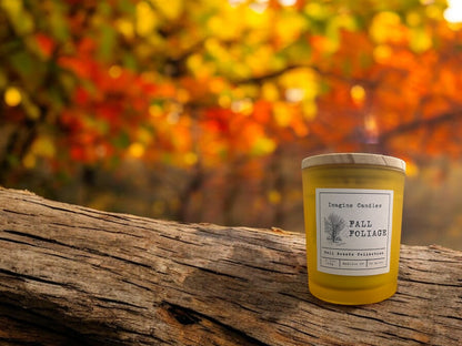 A Fall Foliage candle resting on a log surrounded by vibrant autumn leaves. The scene captures the essence of a crisp forest walk, inviting you to enjoy the rich, earthy scents of fall