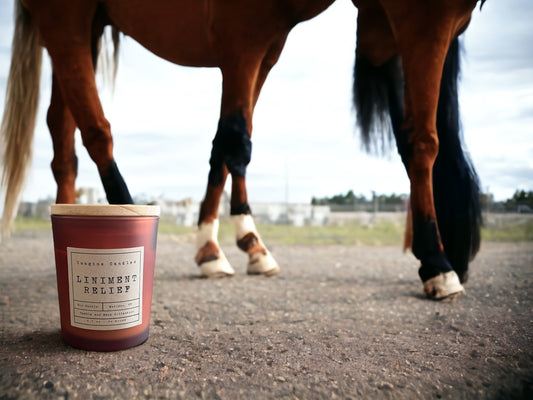 A candle sits on the ground near horse legs, evoking the scent of Liniment Relief. The label reads 'Liniment Relief', capturing the essence of peppermint, eucalyptus, cedar, clove, patchouli, vanilla, and powder. Infused with natural essential oils, including eucalyptus oil, cornmint oil, cedarwood oil, and patchouli oil
